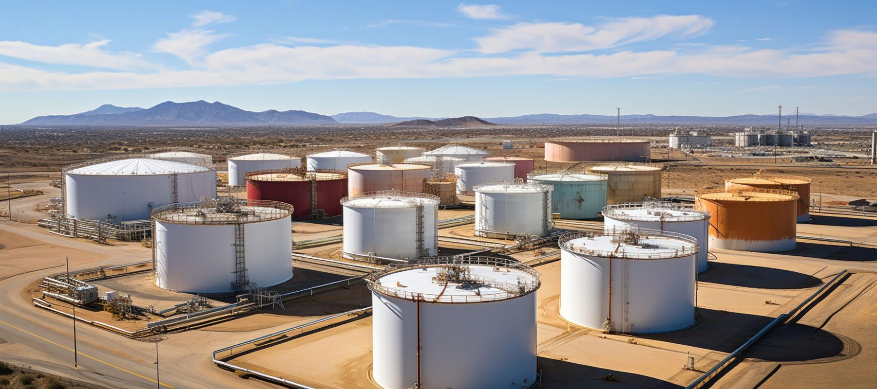 An overhead view of an oil and gas storage facility.